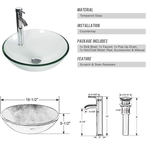 dimension image slide 7 of 14, Eclife Modern Bathroom Sink Tempered Glass & Ceramic Artisan Basin for Vanity