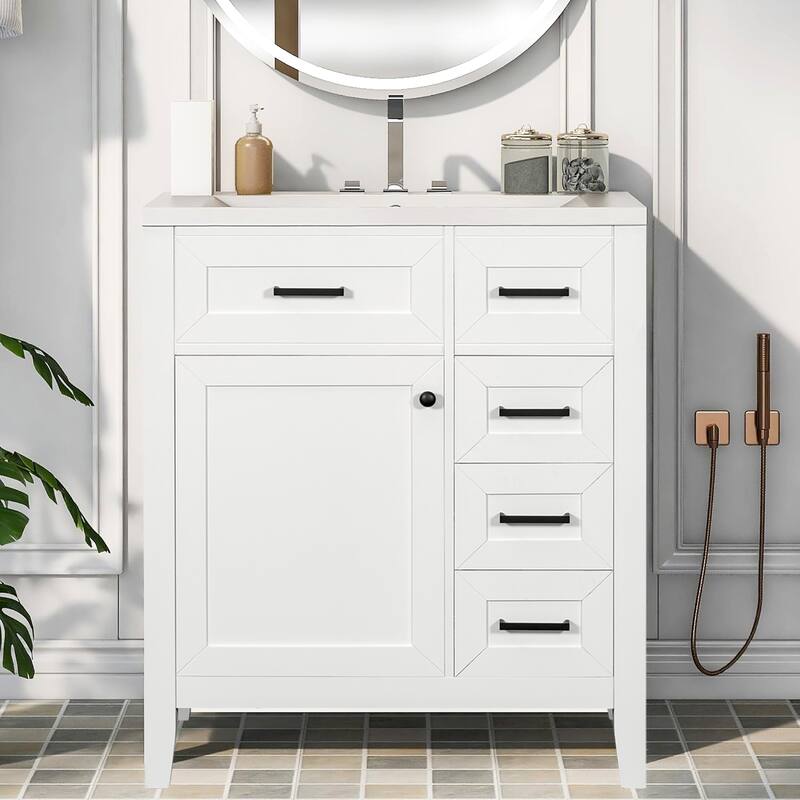 30" Bathroom Vanity with Ceramic Sink Combo,Solid Frame and MDF Board - White