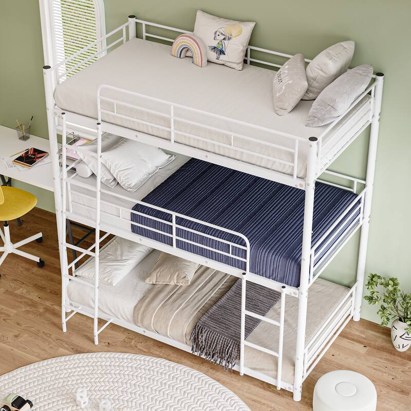Heavy Duty Metal Triple Twin Bunk Bed with Guardrails, Ladder & Storage, Easy to Assemble