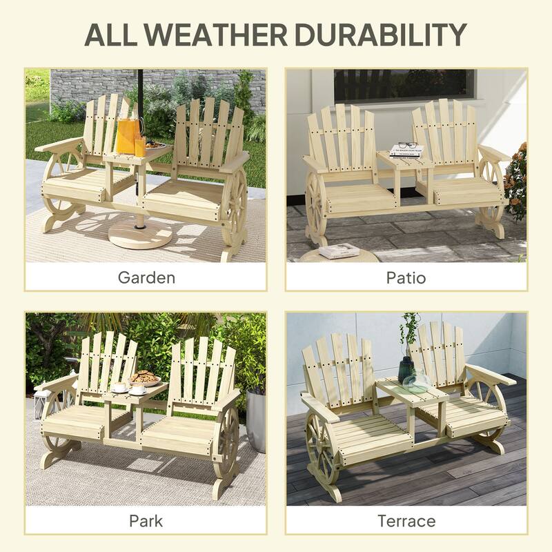 Fir Wood Wagon Wheel Outdoor Garden Bench with Table - 60.6" W x 25.6" D x 40.2" H
