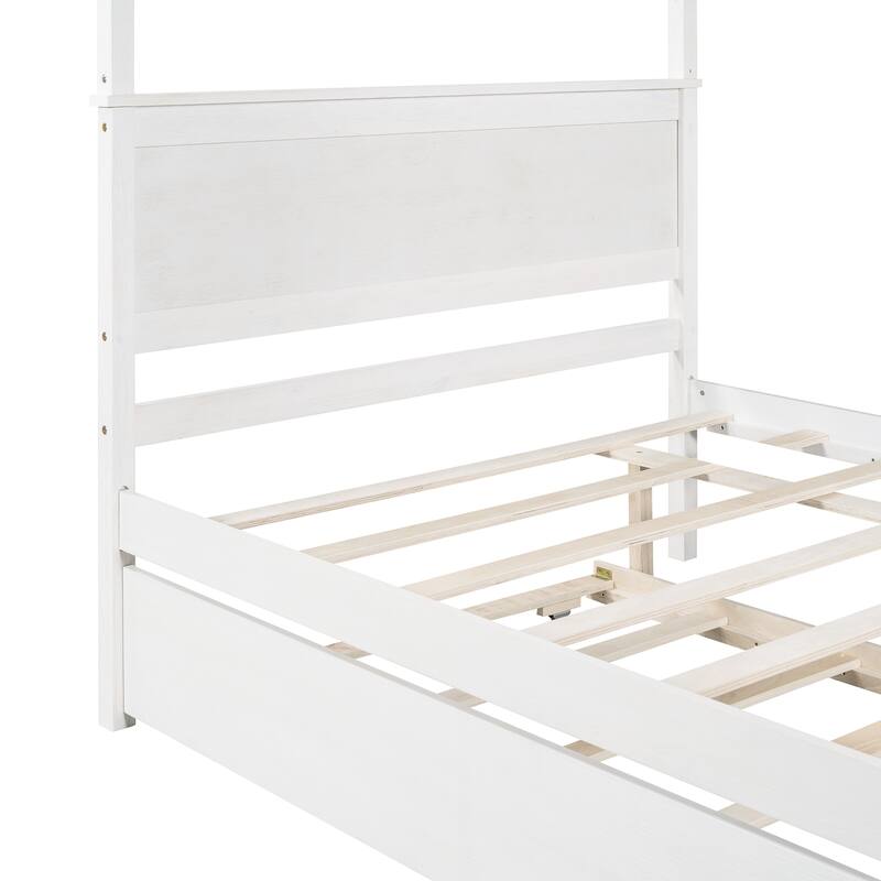 Brushed White Platform Bed Full Size Canopy Bed with Trundle, Four Poster Bed Trundle Bed with Headboard and Support Slats