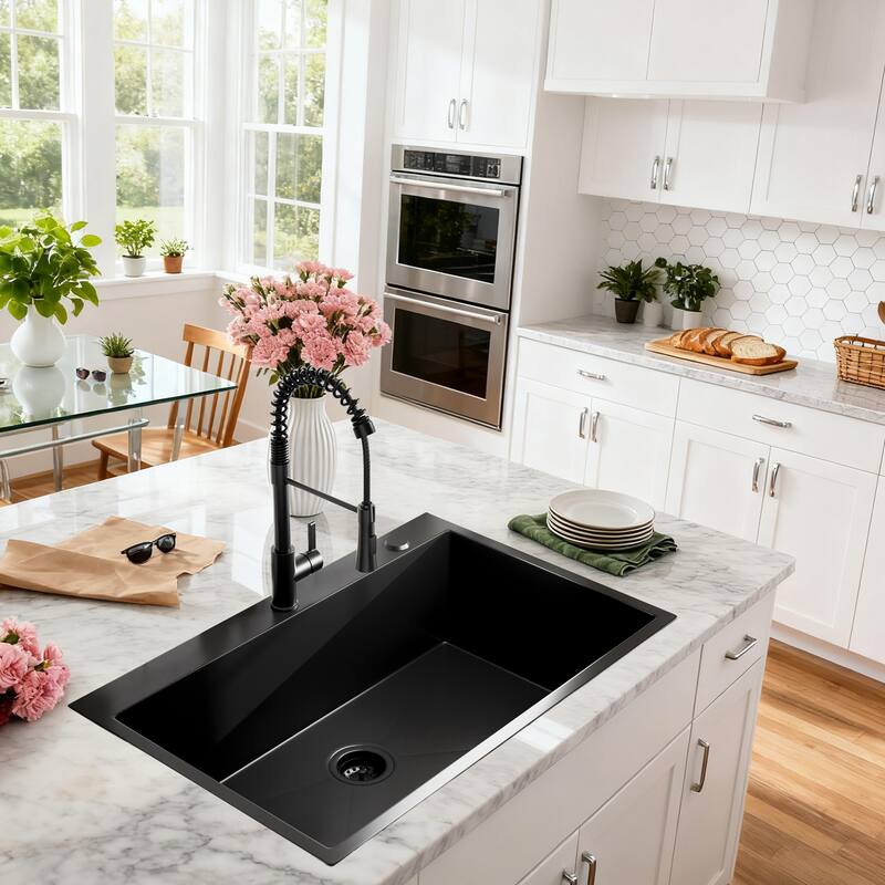 33 inch Drop-in Single Bowl Kitchen Sink, 18 Gauge Black Stainless Steel Kitchen Sink, Handmade Topmount Sink