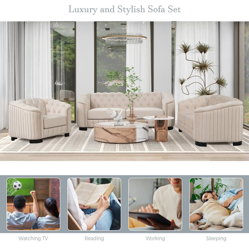 3-Pieces 6-Seat Velvet Sofa Set (3+2+1) with Rubber Wood Legs & Tufted Back