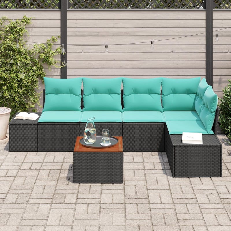vidaXL 6 Garden Sofa Set with Cushions Black/Grey Poly Rattan - 103.9 x 60.6 x 27.2