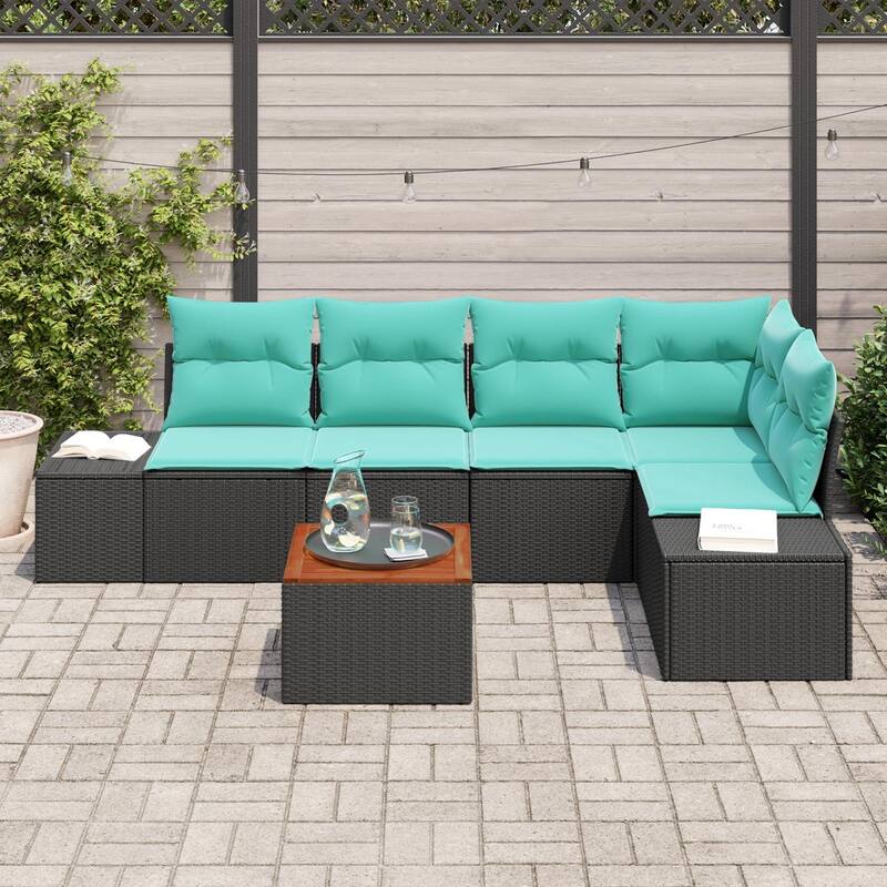 vidaXL 6 Piece Garden Sofa Set with Cushions Black Poly Rattan Acacia - 103.9×60.6×27.2