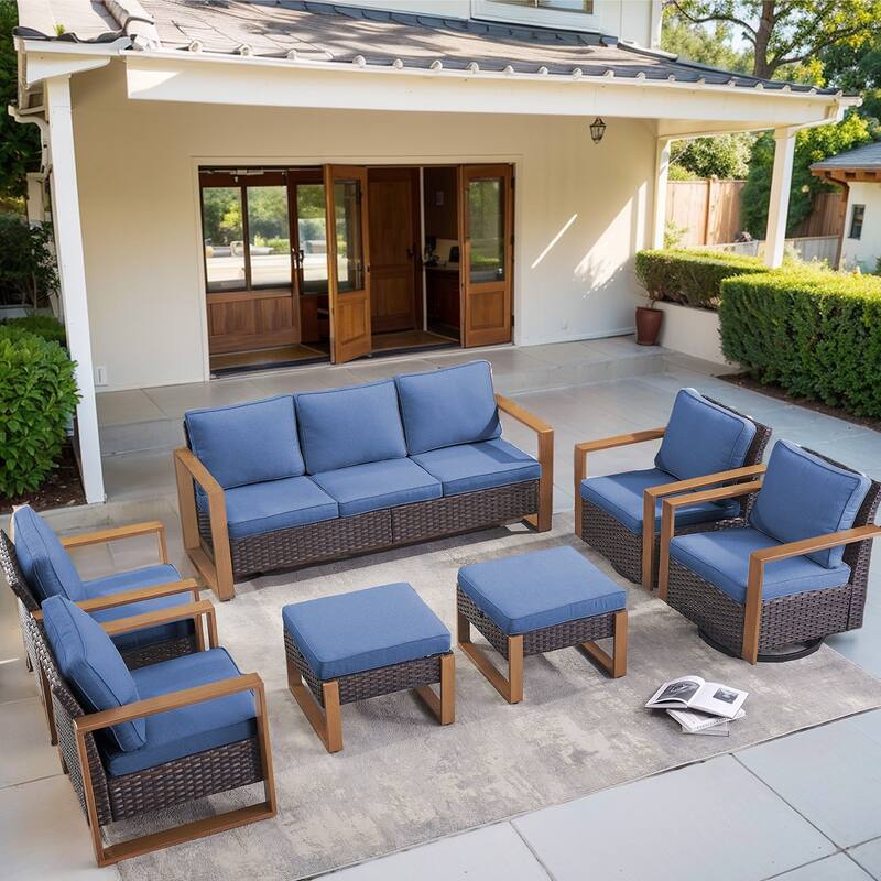 7 Pieces Outdoor Patio Sofa with Rocking Chair Ottoman - Brown - Blue - Brown