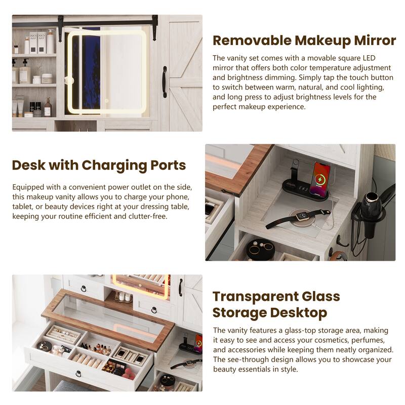 Farmhouse Vanity Desk with Sliding Mirror and Lights, Vanity Set with Glass Top and Charging Station