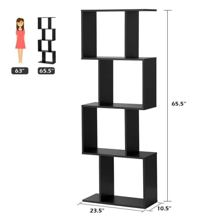 Modern 4-Tier S-Shaped Bookcase with Ample Storage for Small Spaces - 23.5" x 10.5" x 65.5"