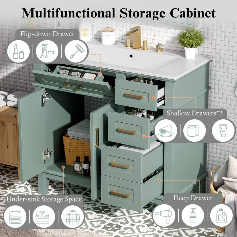 36" Modern Bathroom Vanity with Ceramic Sink, Soft Close Doors, 4 Drawers for Storage for Small Bathrooms