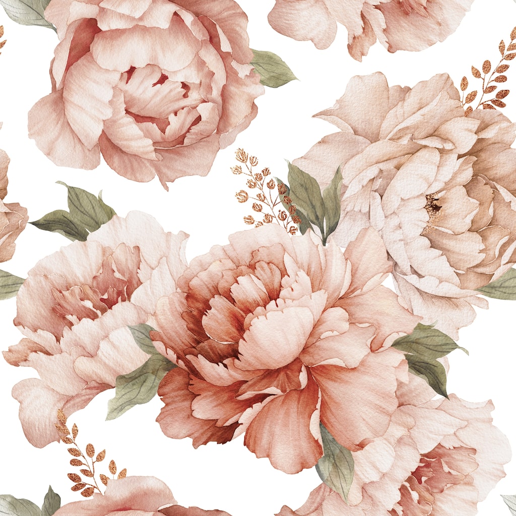Coral large Peonies Removable Peel and stick wallpaper - 24'' inch x 10'ft
