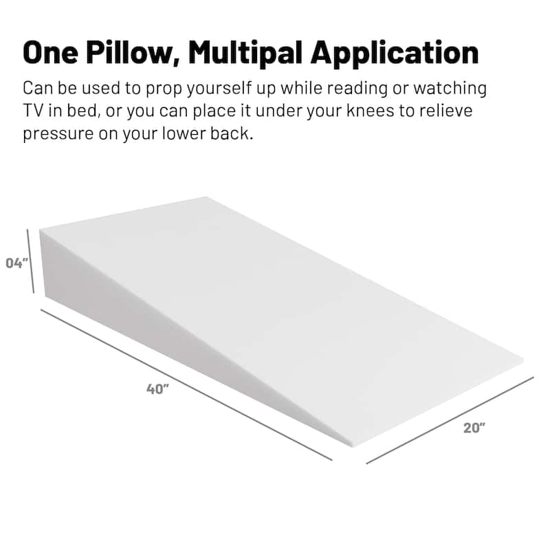 Extra Wide Bed Wedge Pillow | Body Support Sponge | Tringle Incline Cushion to Elevate Upper Body, 40 x 20 x 4 - White