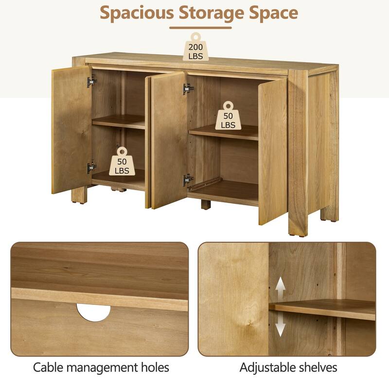 Roomfitters Farmhouse Buffet Cabinet, 4-Door Storage Sideboard, Adjustable Shelving Console for Dining Room, Natural