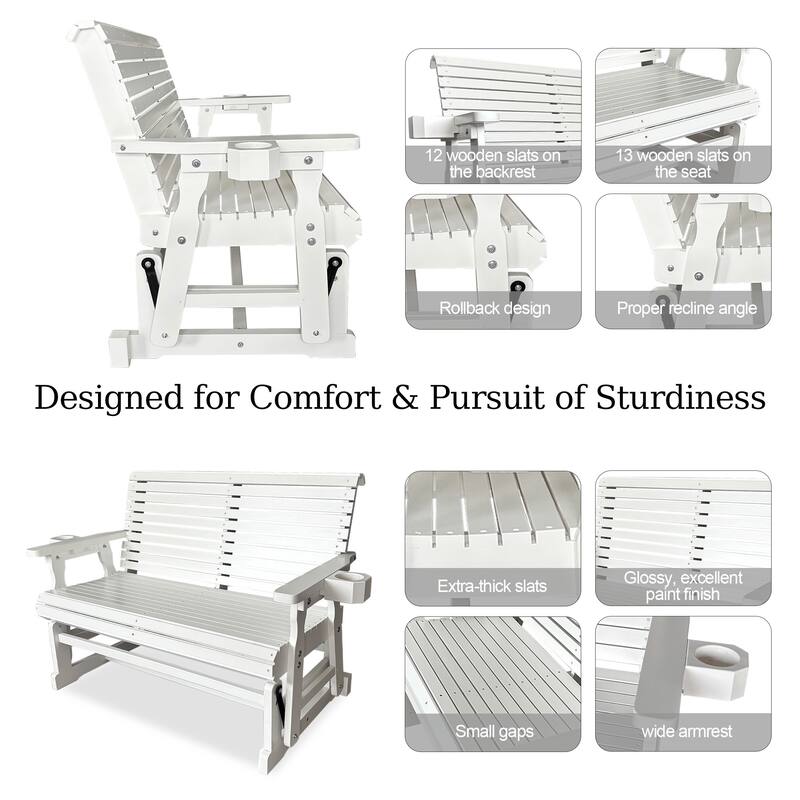 Patio Glider with Cup Holders, High Roll Back and Deep Contoured Seat, Heavy Duty 800 LB