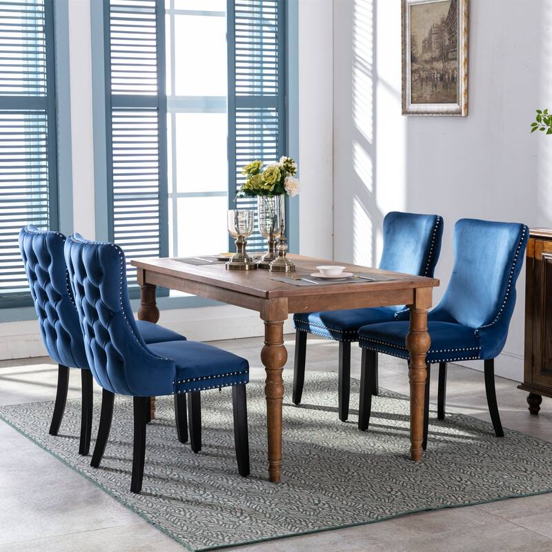 Upholstered Wing-Back Dining Chair with Backstitching Nailhead Trim and Solid Wood Legs,Set of 2
