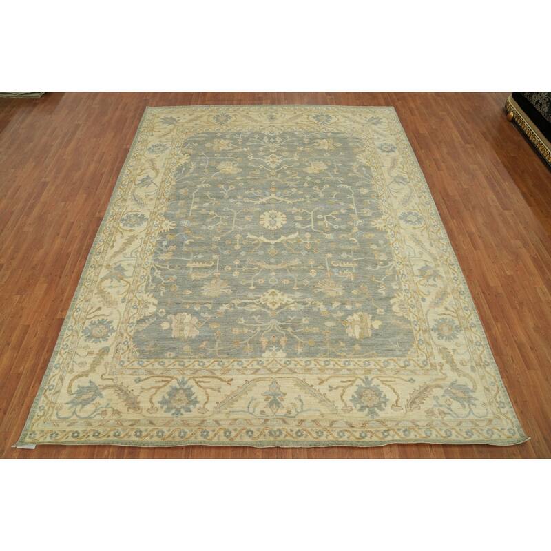 Handmade Floral Oushak Vegetable Dye Area Rug, Floral Geometric Carpet - 11' 11'' X 9' 3''