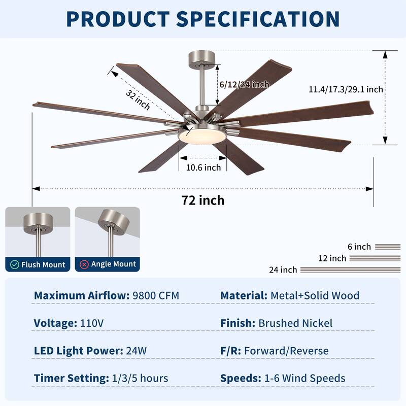 72 Inch Modern Minimalist Ceiling Fan with Light, Solid Wood Blades, Quiet Reversible DC Motor, Remote, 6 Speeds