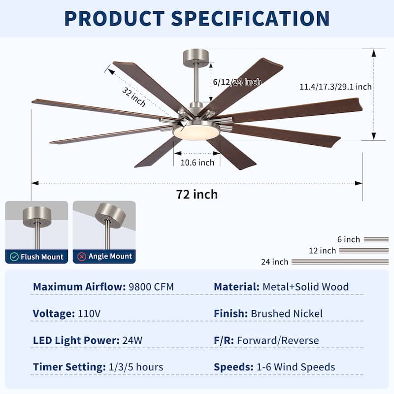 72 inch Retro Farmhouse Ceiling Fan with Light and Solid Wood Blades