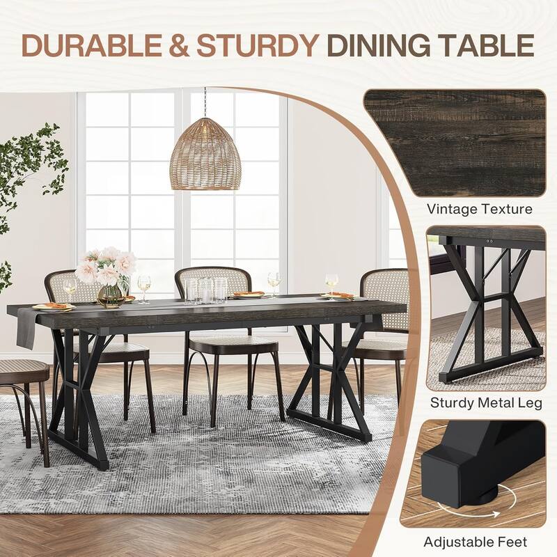 71" Dining Table for 6, Rustic Rectangular Kitchen Table with X-Trestle Metal Legs, Wood Top Dinner Table for Dining Room