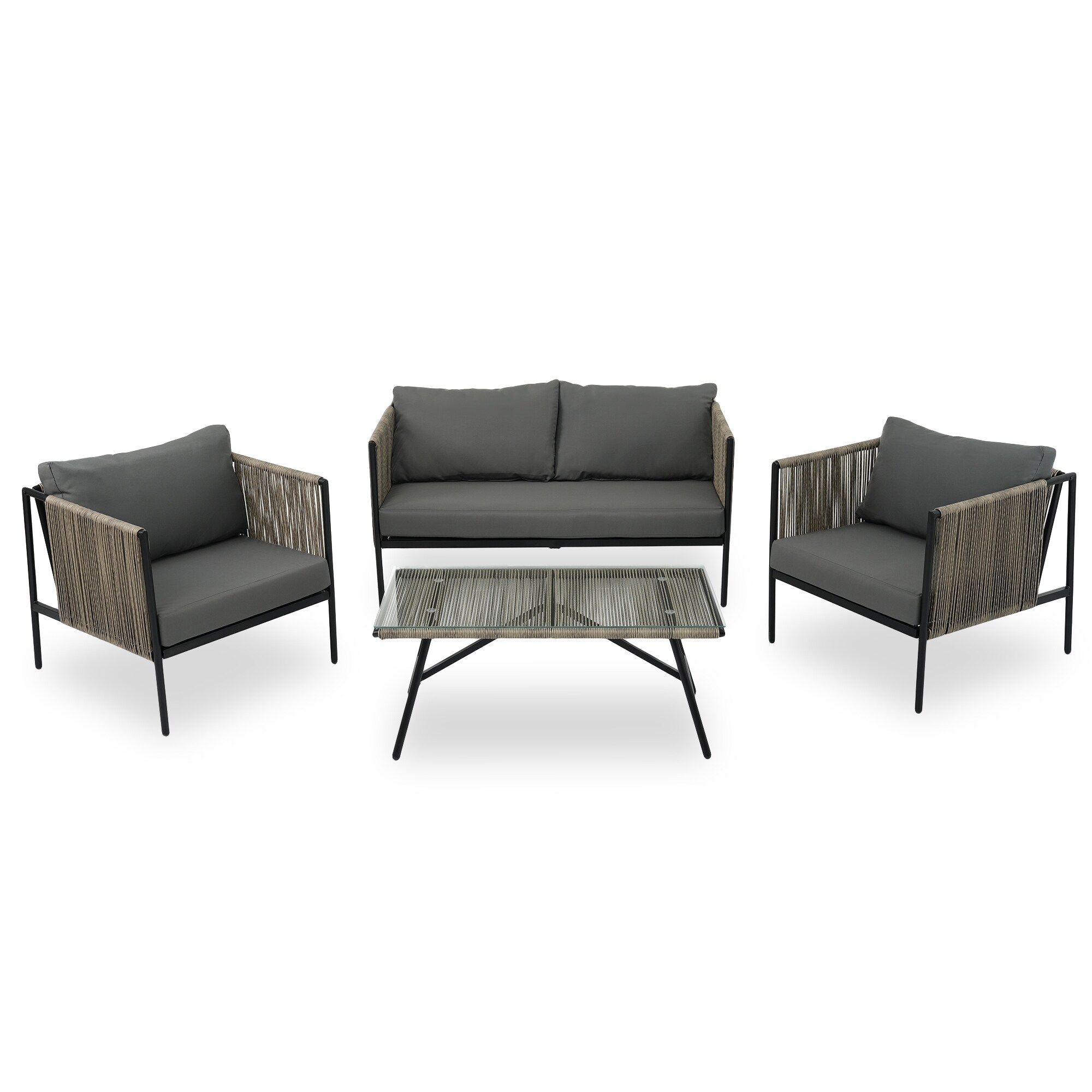 4-Piece Rope Sofa Set with Thick Cushions and Glass Table, Grey
