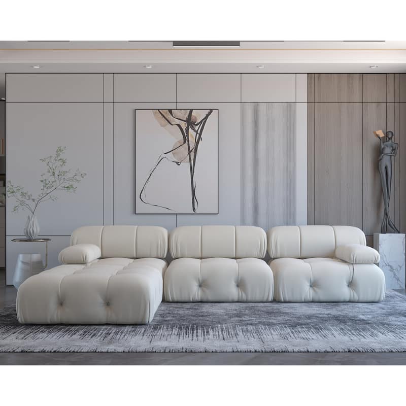 4-Seat Velvet Upholstered Reversible L-Shaped Sectional Sofa - Beige