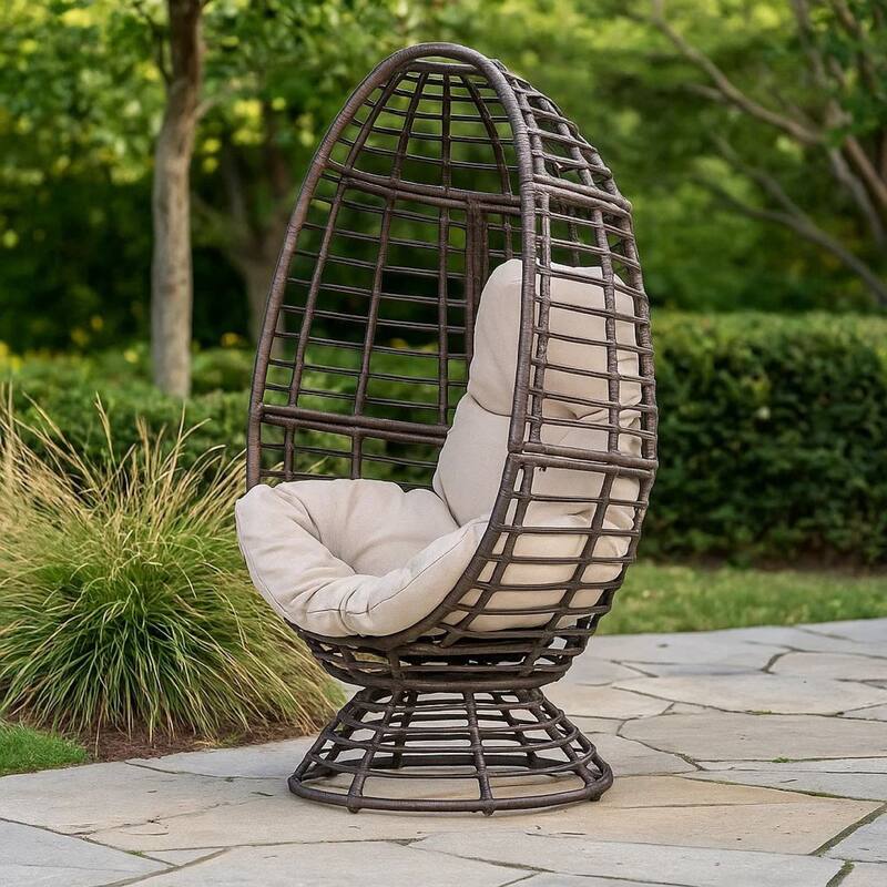 Swivel Outdoor Egg Chair, Brown PE Woven Rattan, Iron, Beige Polyester