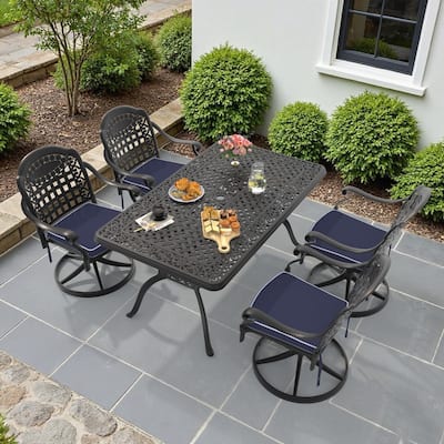 5-Piece Aluminum Rectangular Outdoor Patio Dining Set, 4 Cushioned Swivel Chairs, Table, All-Weather Frames