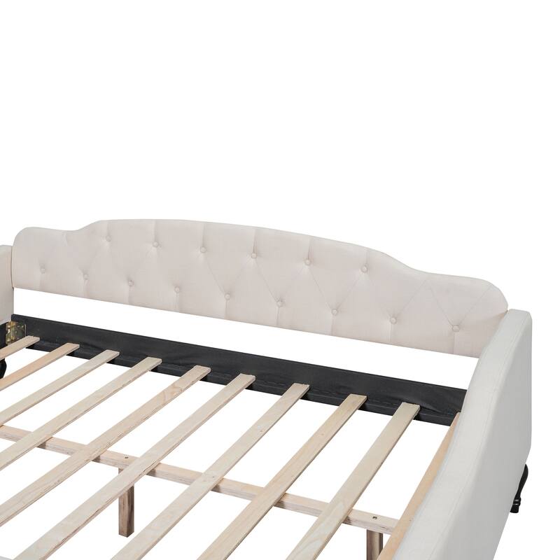 Full Size Upholstered Daybed w/Button Backrest and Wave-shaped Armrest Tufted Sofa Bed with Slat Support, No Box Spring Needed