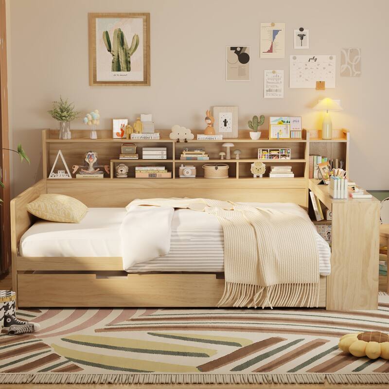 Wooden Full Size Daybed with Twin Trundle and Study Desk, Multi-functional Design with Storage Shelves, Bedroom Furniture - Natural - Full