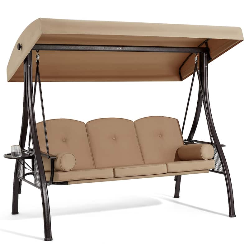 3-Seat Patio Swing with Adjustable Canopy, 750lbs Heavy Duty, Convertible Outdoor Bed, All-Weather, Cup Holders & Thick Cushions