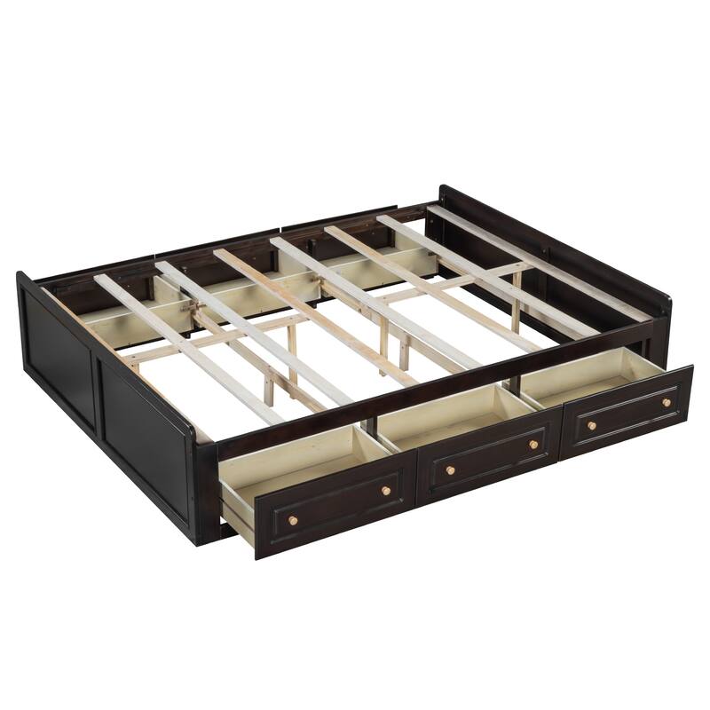 Queen Size Bed Frame Wooden Storage Bed with 6 Drawers, Low Profile Platform Bed with Storage Underneath, Grounded Bed