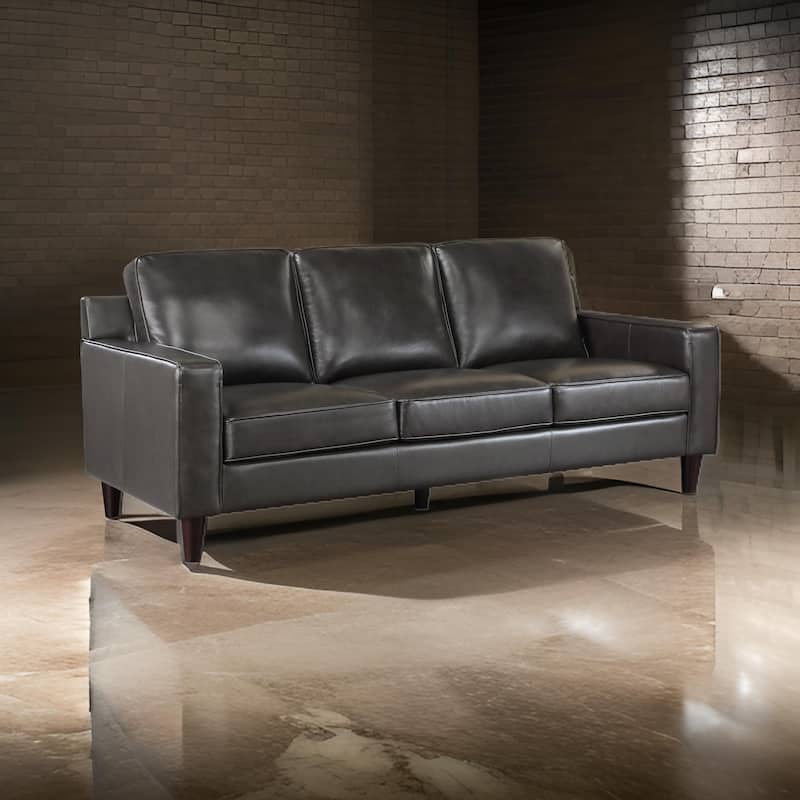 Richie 83 Inch Sofa, Gray Top Grain and Faux Leather, Brown Solid Wood