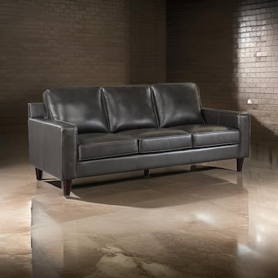 Richie 83 Inch Sofa, Gray Top Grain and Faux Leather, Brown Solid Wood