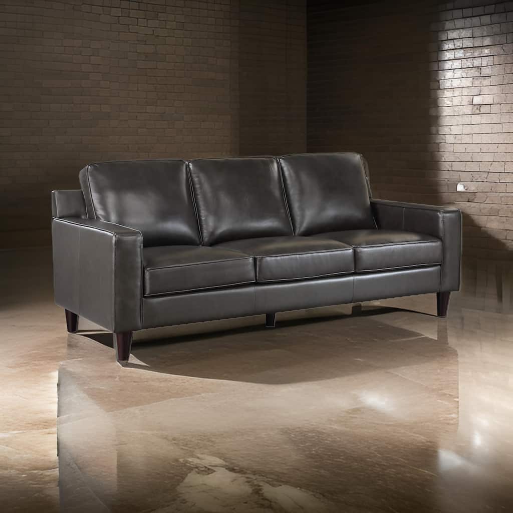 Richie 83 Inch Sofa, Gray Top Grain and Faux Leather, Brown Solid Wood