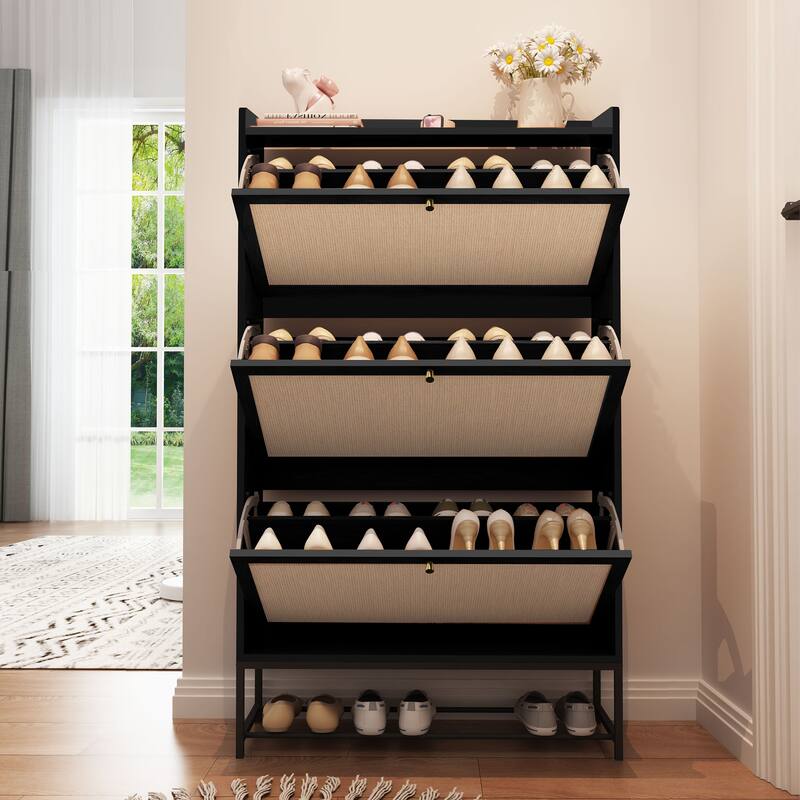 Wooden Shoe Storage Cabinet with triple-tier flip-up drawer