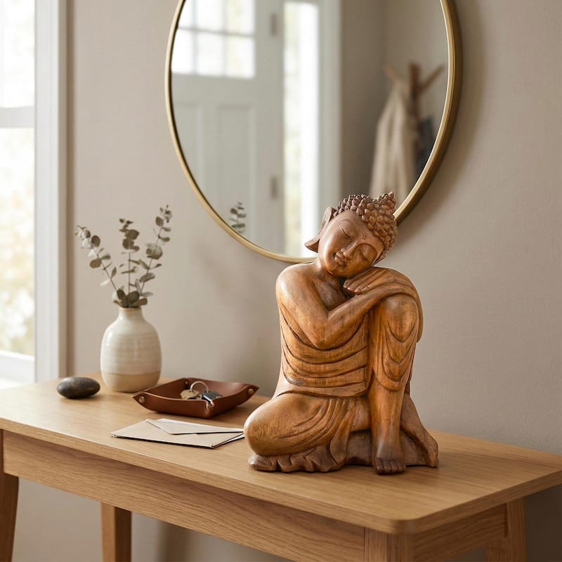 Wooden Serene Sleeping Resting Buddha Statue Hand Carved Figurine Sculpture Home Decor 