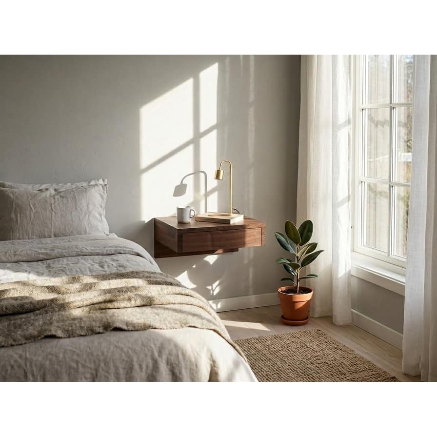 Bo - Walnut Hardwood Floating Nightstand Bedside Table - Small Bedroom Nightstand