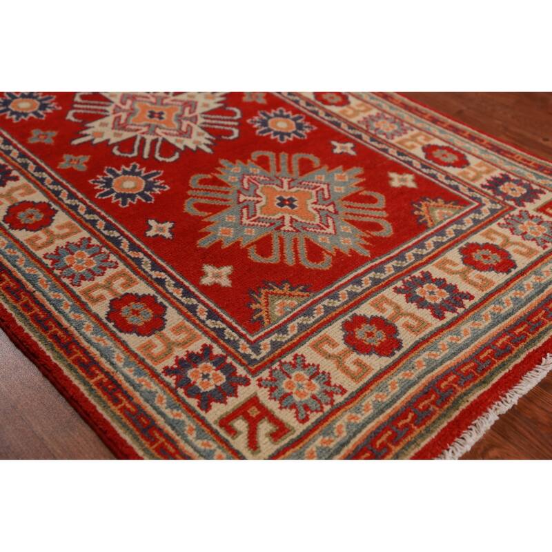 Geometric Kazak Foyer Rug Hand-Knotted Traditional Wool Carpet - 2'7"x 4'5"