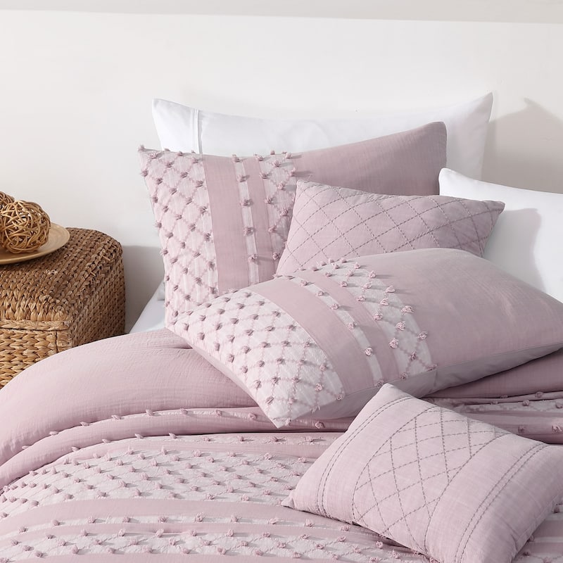 Swift Home Layla Cotton Pom Pom Clipped Tufted Jacquard 5-Piece Bedding Comforter Set