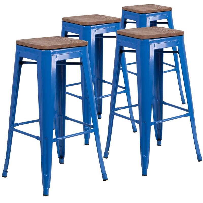 4 Pack 30" High Backless Metal Barstool with Square Wood Seat