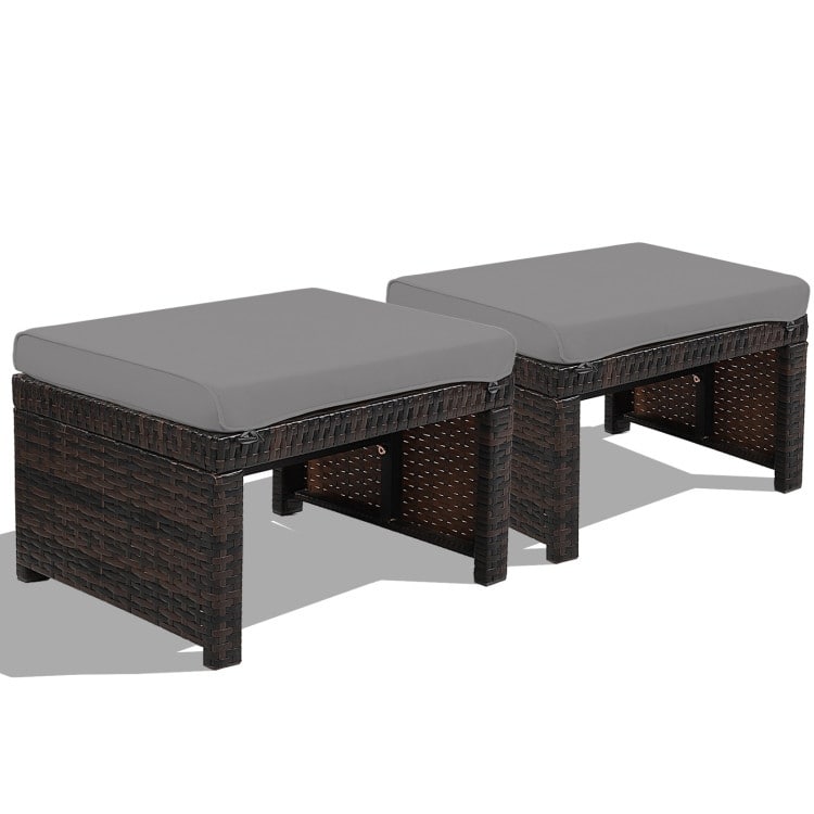 2 Pieces Cushioned Patio Rattan Ottoman Foot Rest-Gray - 19.5" x 15.5" x 13" (L x W x H)