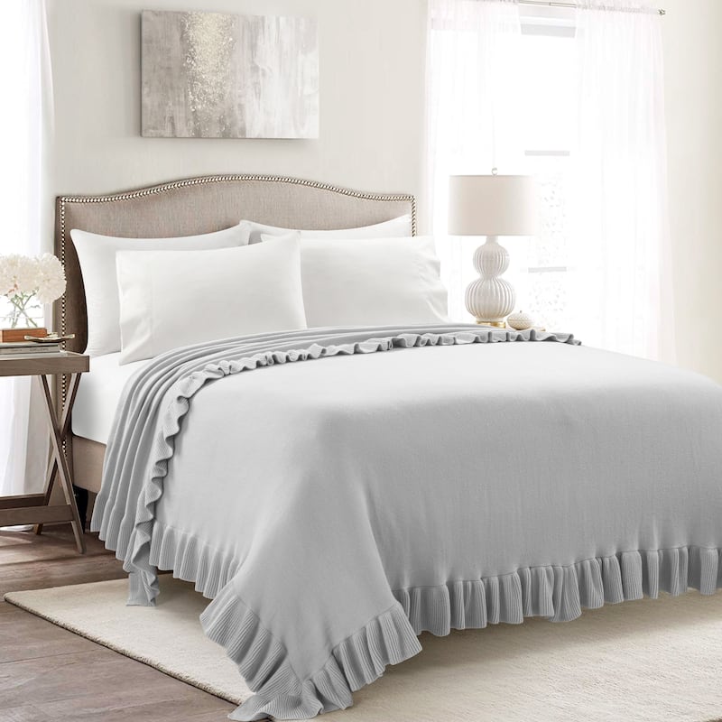 Lush Decor Reyna Soft Knitted Ruffle All-Season Oversized Blanket/Coverlet - 88" x 88" - Light Grey