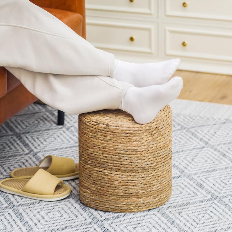 Adeco Round Ottoman Natural Cattail Hand Weave Foot Stool