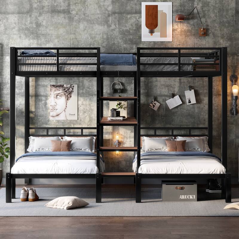 1+2 Sleeping Layout, Triple Bunk Bed for Multi Children with Stairs and Shelf, Queen Over Twin Over Twin Metal Bed Frame