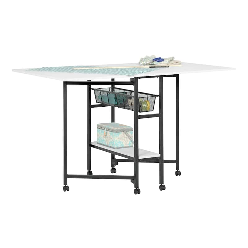 Sew Ready Standing Height (36" H) Mobile Folding Expandable Fabric and Die Cutting Table with Craft Storage- Charcoal / White - Charcoal / White