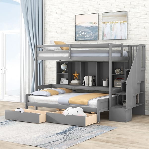 slide 2 of 18, Multi-Functional Bunk Bed with Built-In Study Area and Ample Storage Gray
