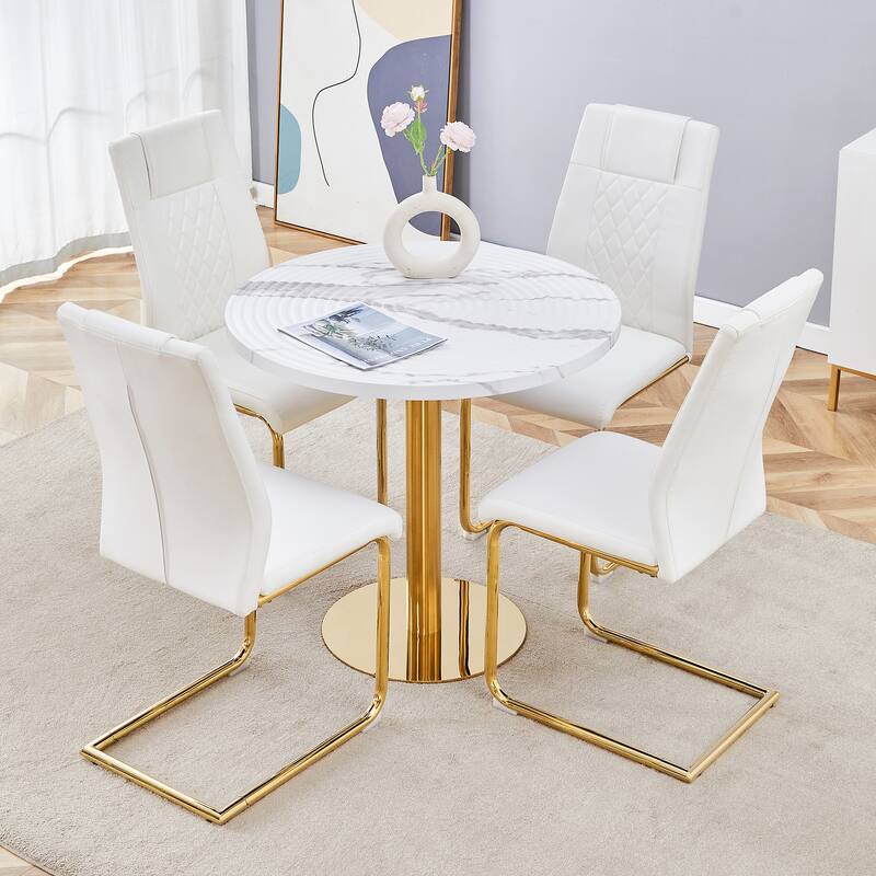 Roomfitters 5pcs Round White Marble Dining Table Set with PU Chairs and Golden Metal Arched Legs, White - White