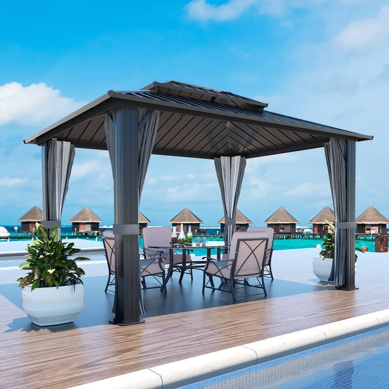 VEIKOUS Aluminum Double Hardtop Gazebo Pergola for Patio, Lawn, and Garden with Removable Curtains and Netting - 10×12