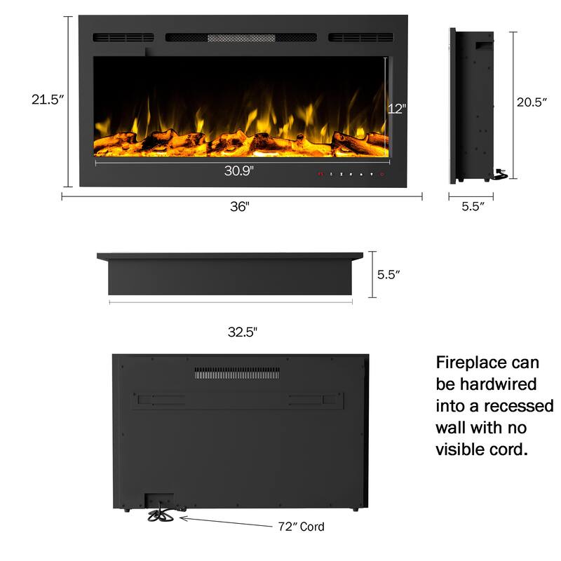 Hastings Home 36-Inch Electric Fireplace, Black - 36" x 21.5" x 5.5"