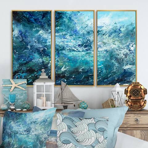 Designart 'Wild Blue Ocean Waves V' Nautical & Coastal Framed Artwork Set of 3 - 4 Colors of Frames