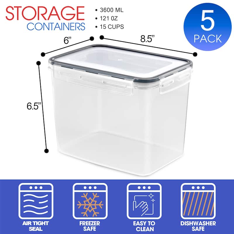 Sorbus Food Storage Containers with Air Tight, Four-Way Snap Lids - Pack of 5 - 8.5 x 6 x 6.5 in